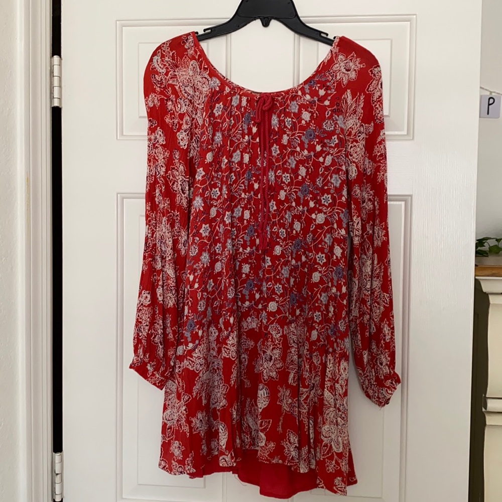 Free people red floral long sleeve dress